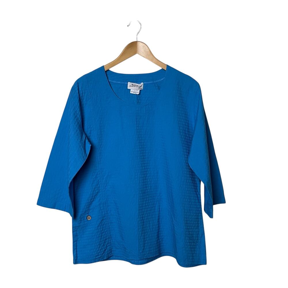 The Vermont Country Store Cotton Blouse L Blue Pockets Boxy Minimalist Oversized